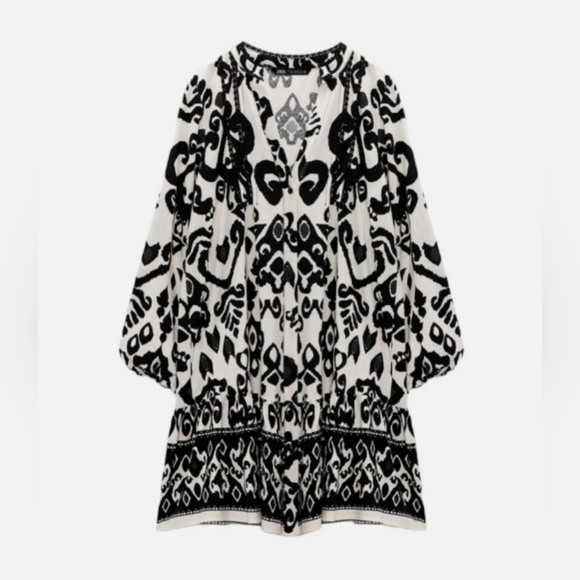 ZARA BLACK AND WHITE SHORT DRESS TUNIC PRINT DRESS BUTTONS LONG SLEEVES SIZE S - Picture 2 of 12